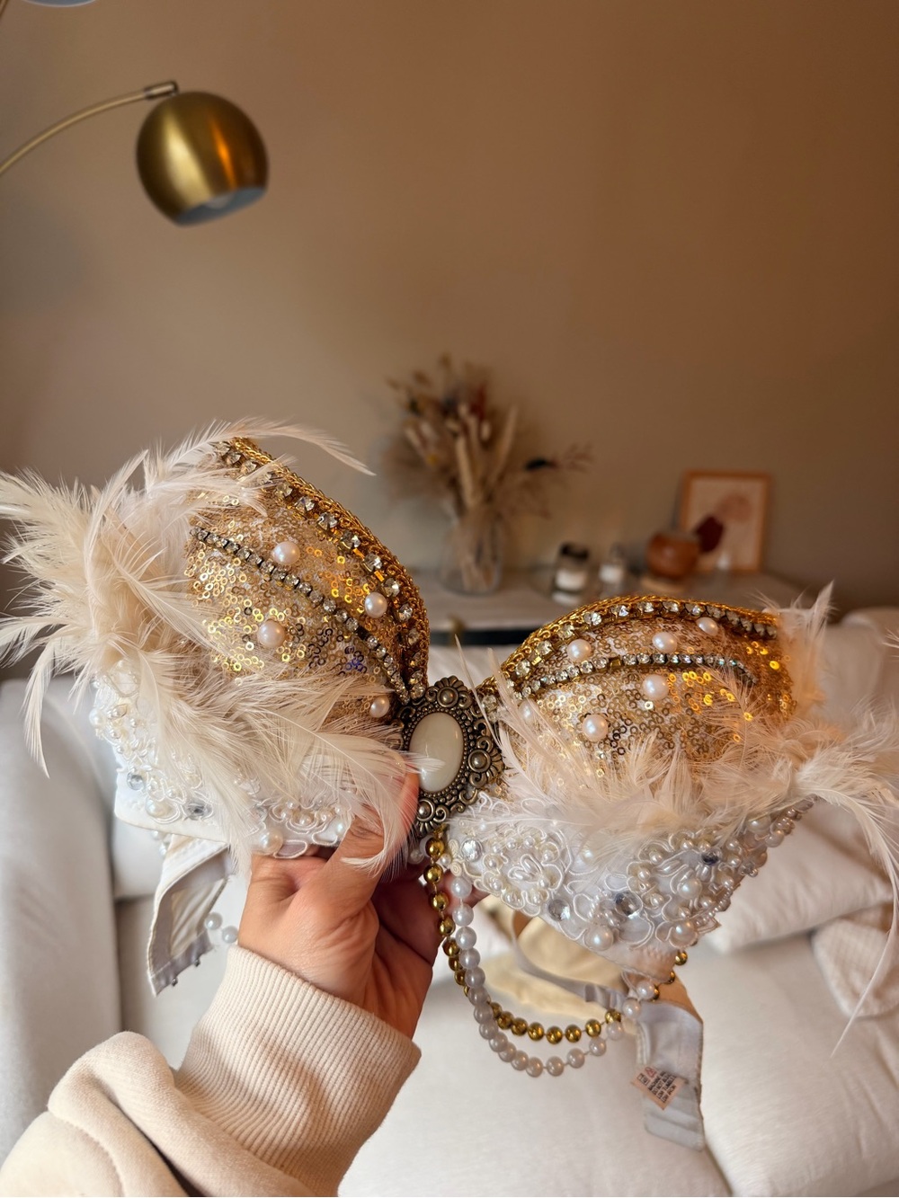 Custom Rave Bra - Handmade Embellished Feather Sequin Top - White & Gold